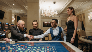 gamblers shake hands in roulette table